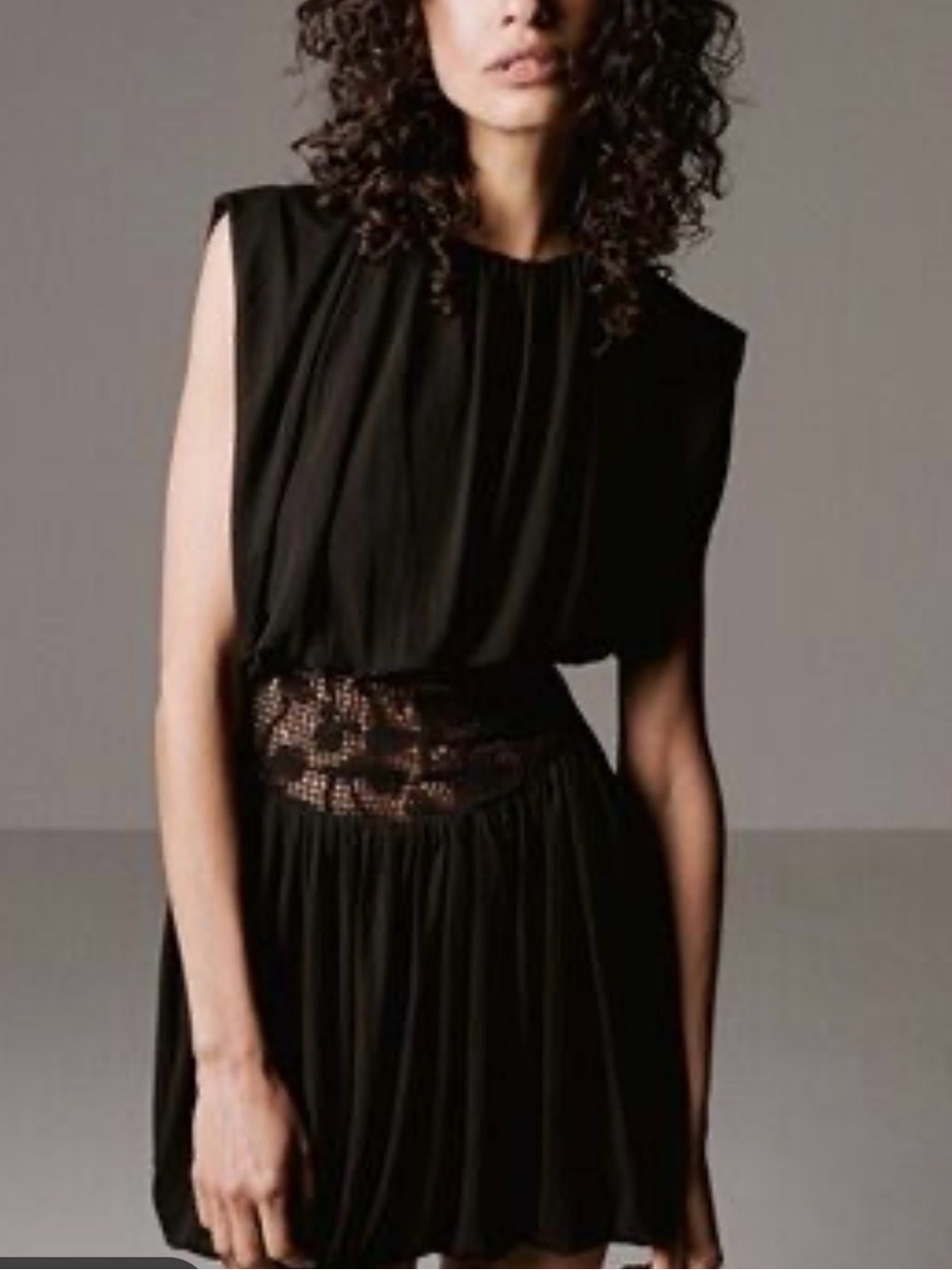 Zara Black Sleeveless Pleated Mini Dress with Lace Waist